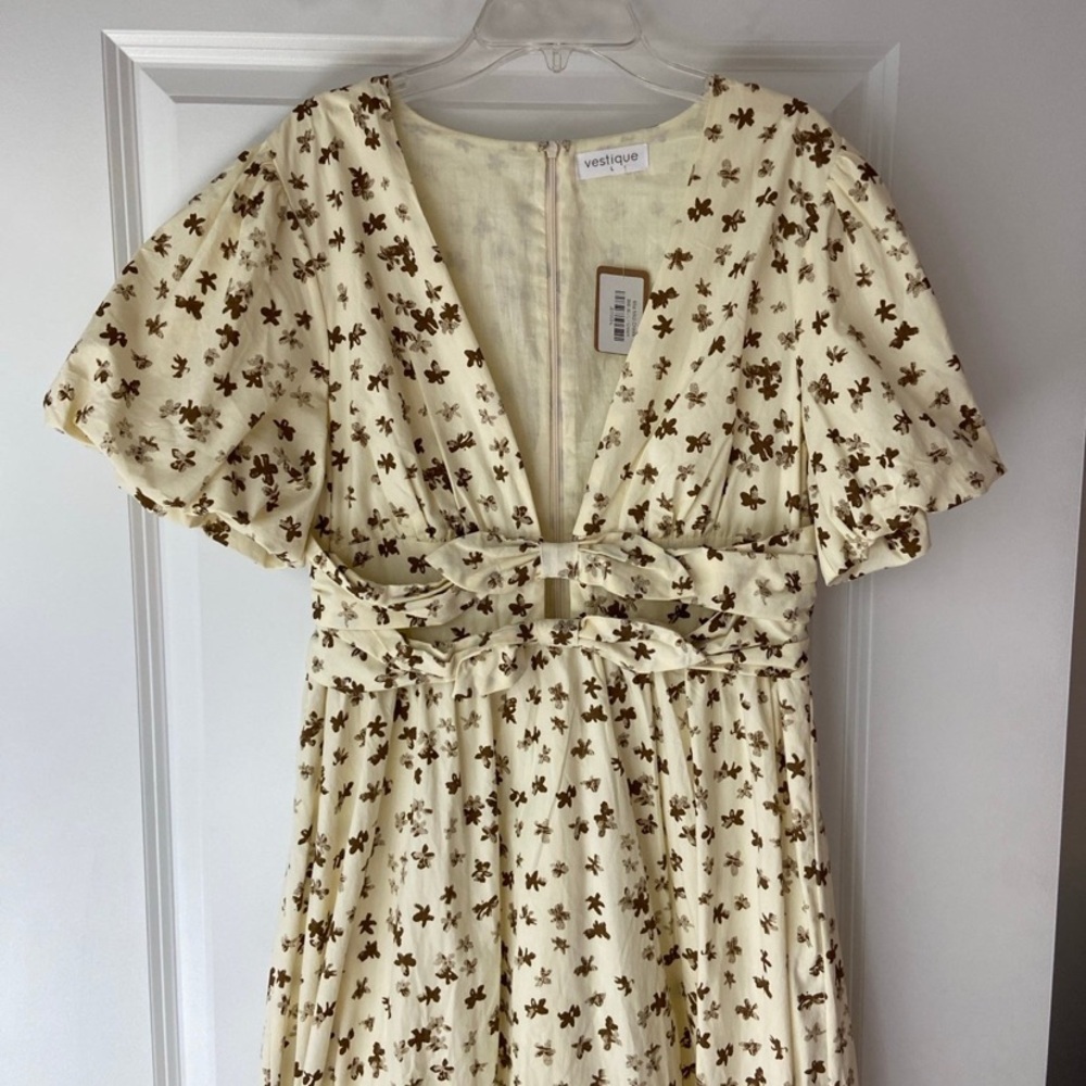 Vestique Cream Plunge Neck Flutter Sleeve Maxi Dress